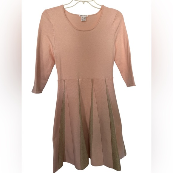 Venus Womens Pink Gold 3/4 Sleeve Round Neck Knitted Fit And Flare Dress - Picture 1 of 6